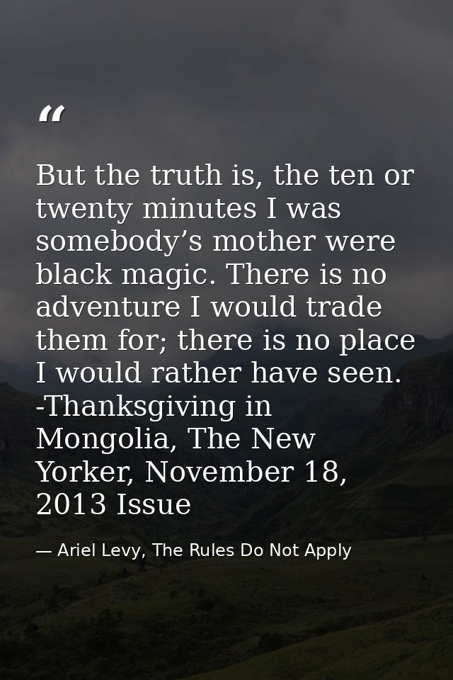But the truth is, the ten or twenty minutes I was somebody’s mother were black magic. There is no adventure I would trad — Ariel Levy, The Rules Do Not Apply