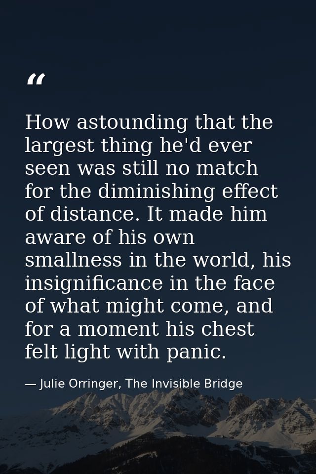How astounding that the largest thing he'd ever seen was still no match for the diminishing effect of distance. It made  — Julie Orringer, The Invisible Bridge