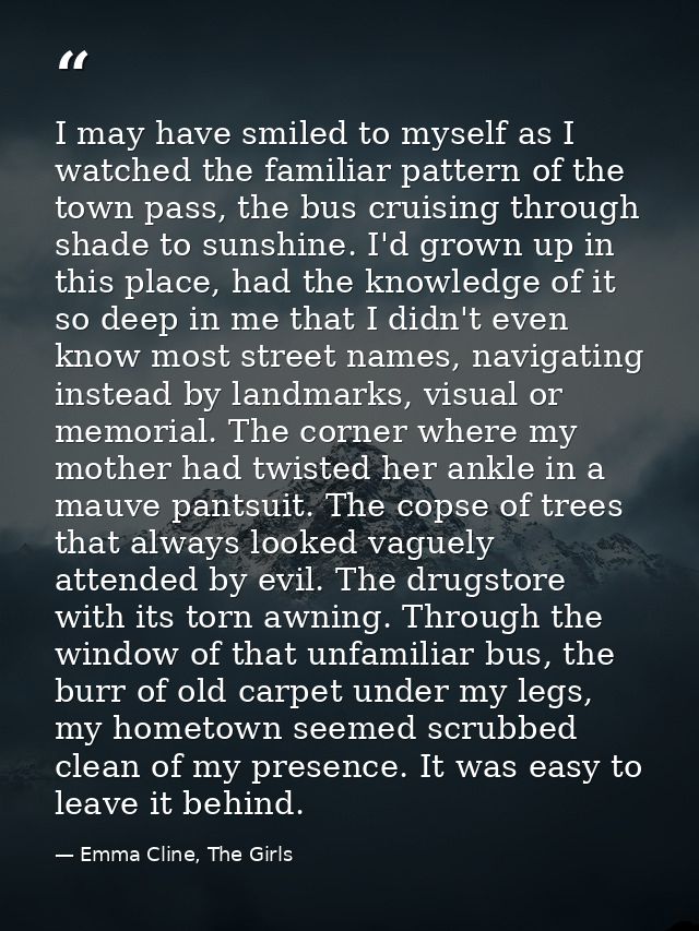 I may have smiled to myself as I watched the familiar pattern of the town pass, the bus cruising through shade to sunshi — Emma Cline, The Girls