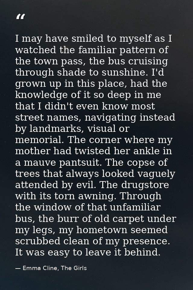 I may have smiled to myself as I watched the familiar pattern of the town pass, the bus cruising through shade to sunshi — Emma Cline, The Girls