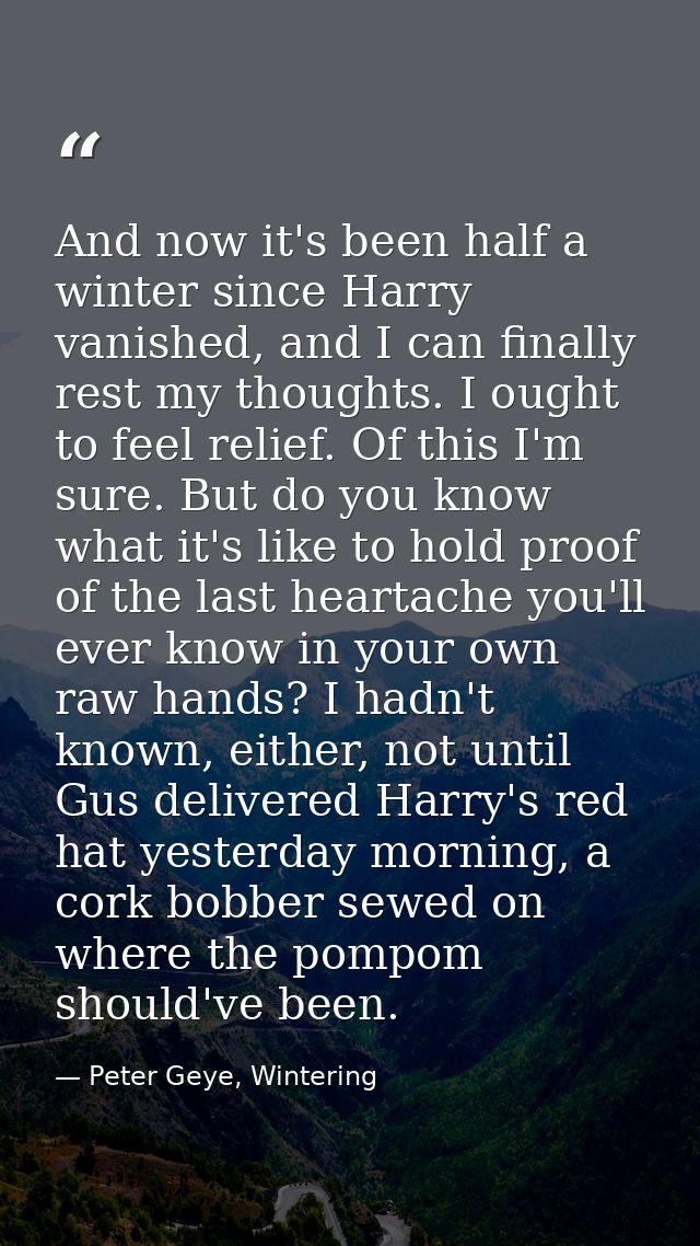 And now it's been half a winter since Harry vanished, and I can finally rest my thoughts. I ought to feel relief. Of thi — Peter Geye, Wintering