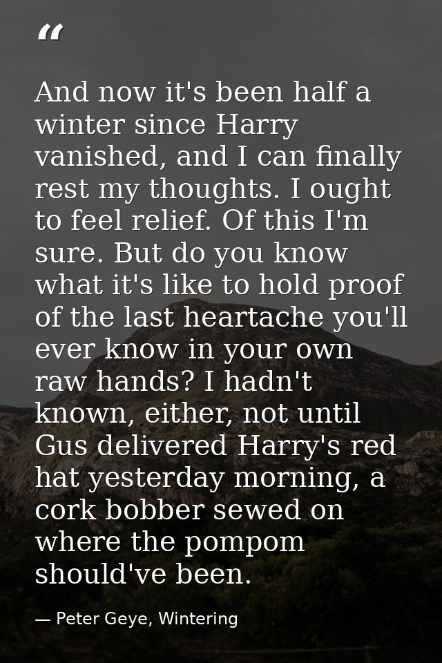 And now it's been half a winter since Harry vanished, and I can finally rest my thoughts. I ought to feel relief. Of thi — Peter Geye, Wintering