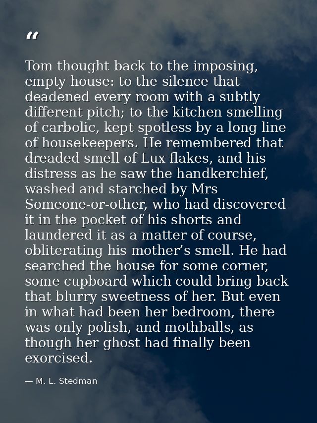Tom thought back to the imposing, empty house: to the silence that deadened every room with a subtly different pitch; to — M. L. Stedman