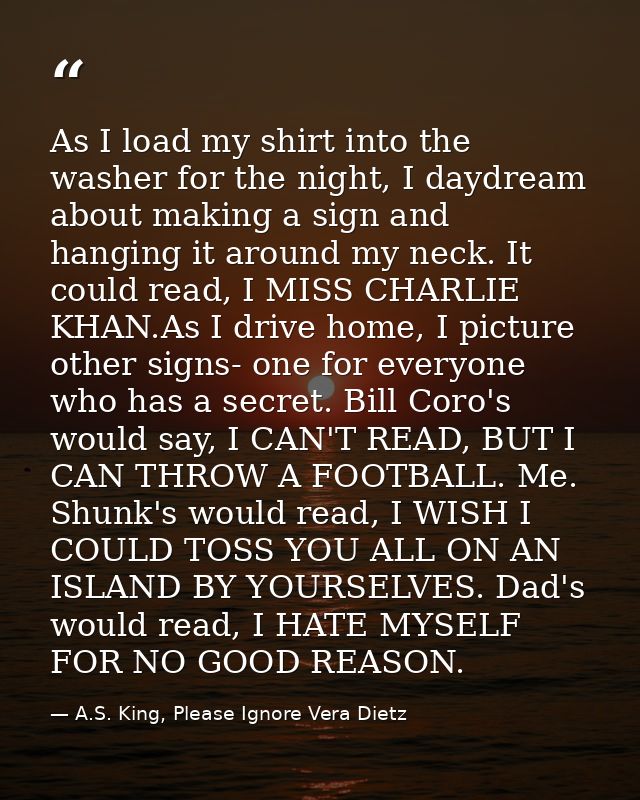 As I load my shirt into the washer for the night, I daydream about making a sign and hanging it around my neck. It could — A.S. King, Please Ignore Vera Dietz