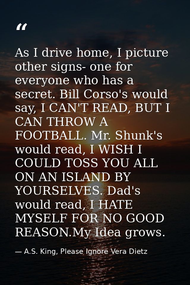 As I drive home, I picture other signs- one for everyone who has a secret. Bill Corso's would say, I CAN'T READ, BUT I C — A.S. King, Please Ignore Vera Dietz