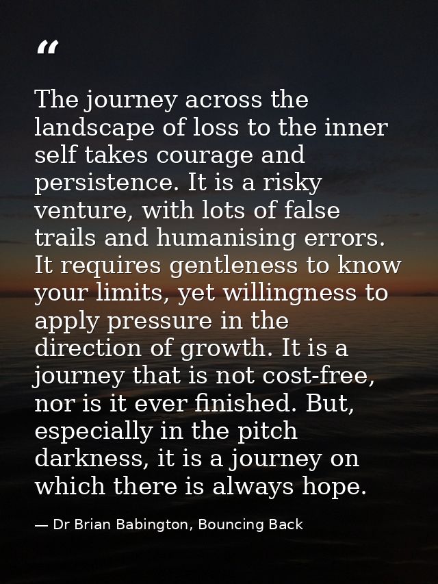 The journey across the landscape of loss to the inner self takes courage and persistence. It is a risky venture, with lo — Dr Brian Babington, Bouncing Back