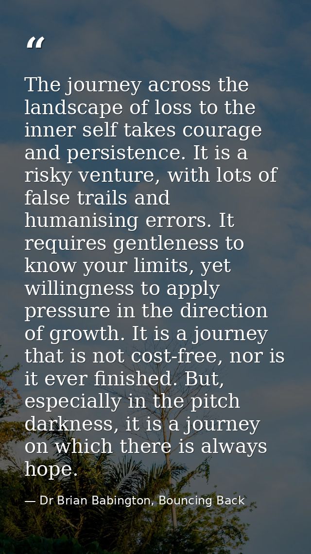 The journey across the landscape of loss to the inner self takes courage and persistence. It is a risky venture, with lo — Dr Brian Babington, Bouncing Back