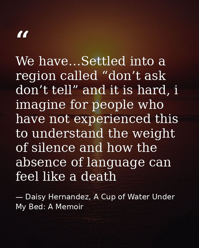 We have…Settled into a region called “don’t ask don’t tell” and it is hard, i imagine for people who have not experience — Daisy Hernandez, A Cup of Water Under My Bed: A Memoir