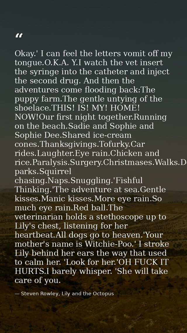 Okay.' I can feel the letters vomit off my tongue.O.K.A. Y.I watch the vet insert the syringe into the catheter and inje — Steven Rowley, Lily and the Octopus