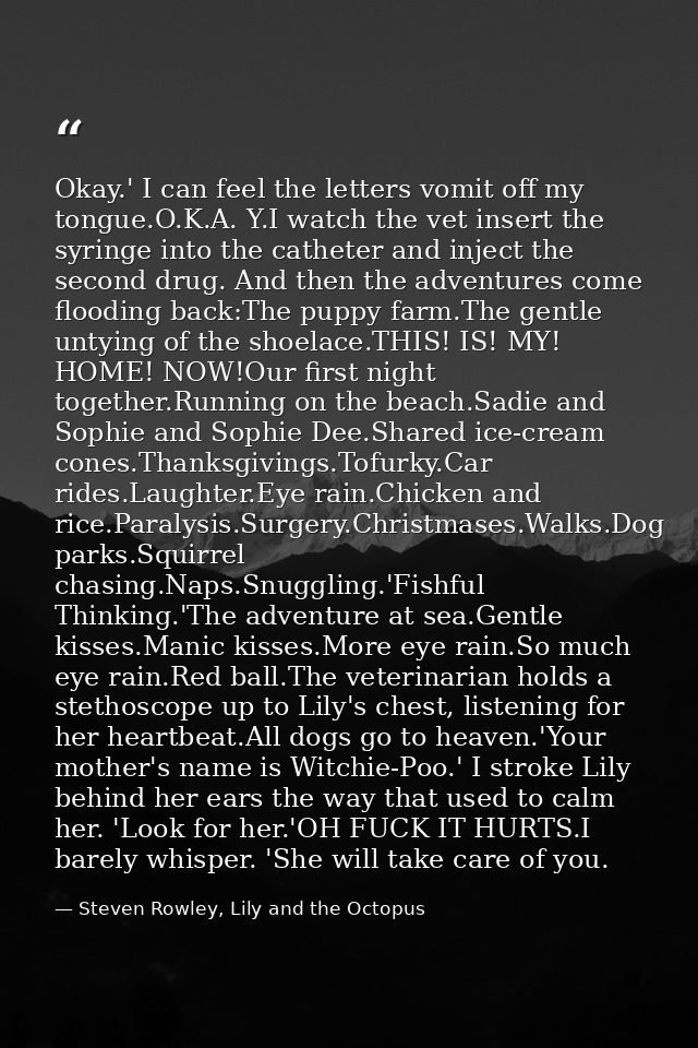 Okay.' I can feel the letters vomit off my tongue.O.K.A. Y.I watch the vet insert the syringe into the catheter and inje — Steven Rowley, Lily and the Octopus