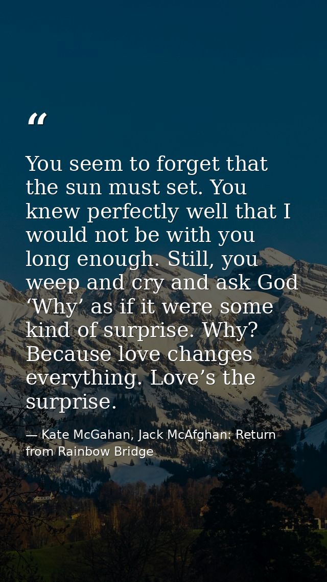 You seem to forget that the sun must set. You knew perfectly well that I would not be with you long enough. Still, you w — Kate McGahan, Jack McAfghan: Return from Rainbow Bridge