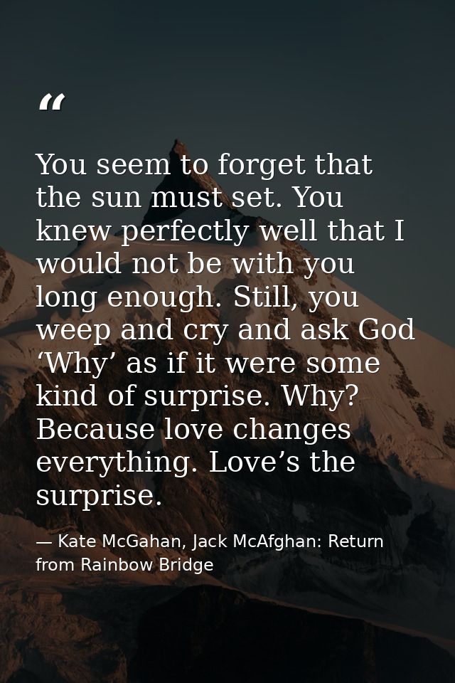 You seem to forget that the sun must set. You knew perfectly well that I would not be with you long enough. Still, you w — Kate McGahan, Jack McAfghan: Return from Rainbow Bridge