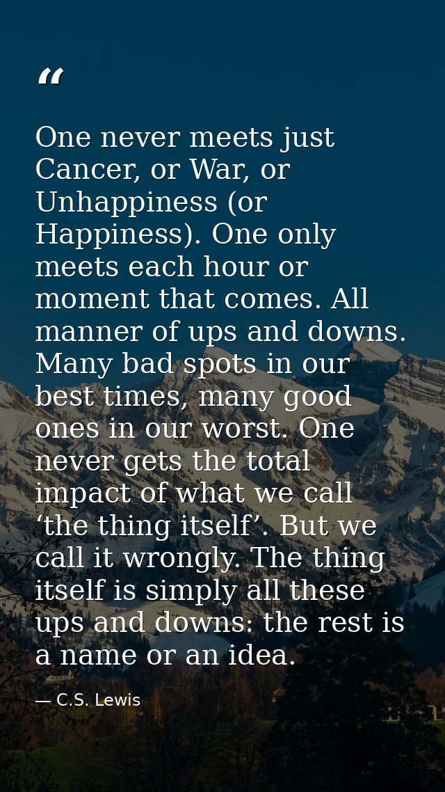 One never meets just Cancer, or War, or Unhappiness (or Happiness). One only meets each hour or moment that comes. All m — C.S. Lewis