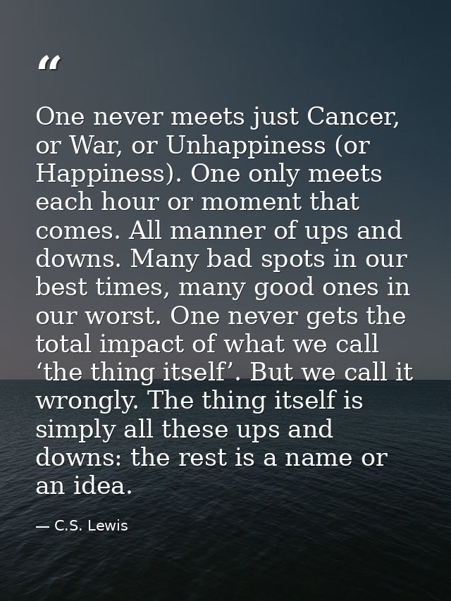 One never meets just Cancer, or War, or Unhappiness (or Happiness). One only meets each hour or moment that comes. All m — C.S. Lewis