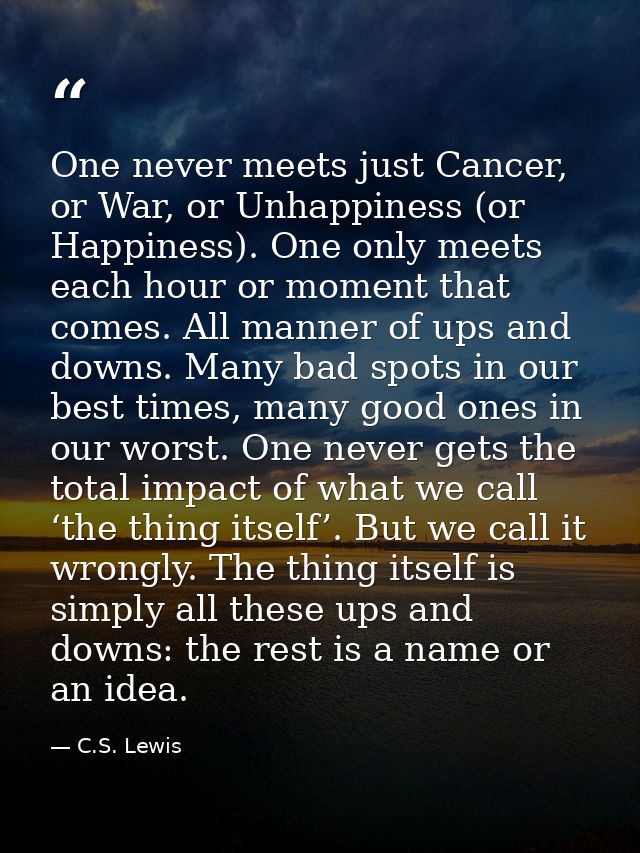 One never meets just Cancer, or War, or Unhappiness (or Happiness). One only meets each hour or moment that comes. All m — C.S. Lewis