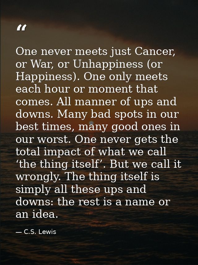 One never meets just Cancer, or War, or Unhappiness (or Happiness). One only meets each hour or moment that comes. All m — C.S. Lewis
