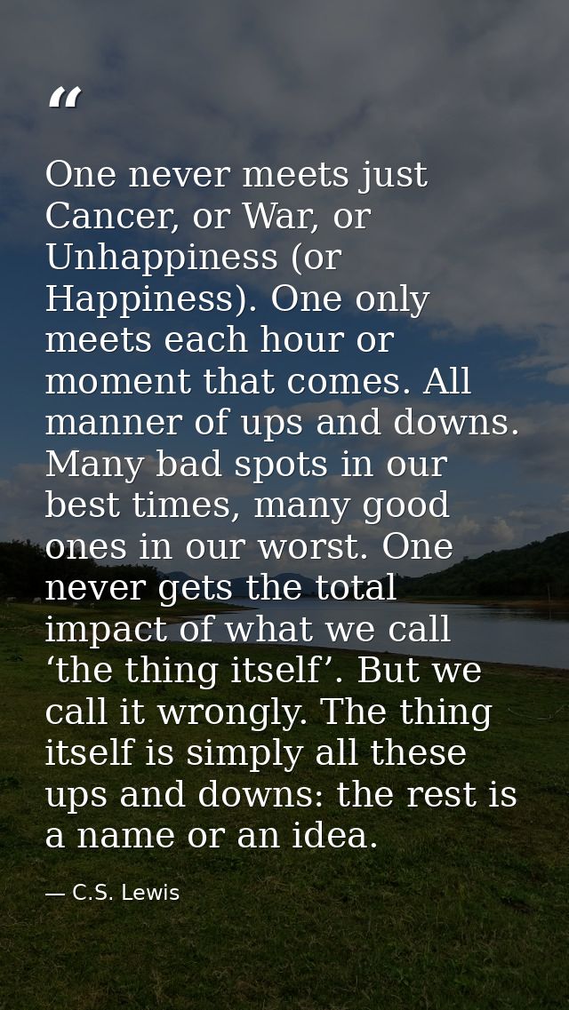 One never meets just Cancer, or War, or Unhappiness (or Happiness). One only meets each hour or moment that comes. All m — C.S. Lewis
