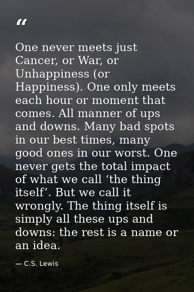 One never meets just Cancer, or War, or Unhappiness (or Happiness). One only meets each hour or moment that comes. All m — C.S. Lewis