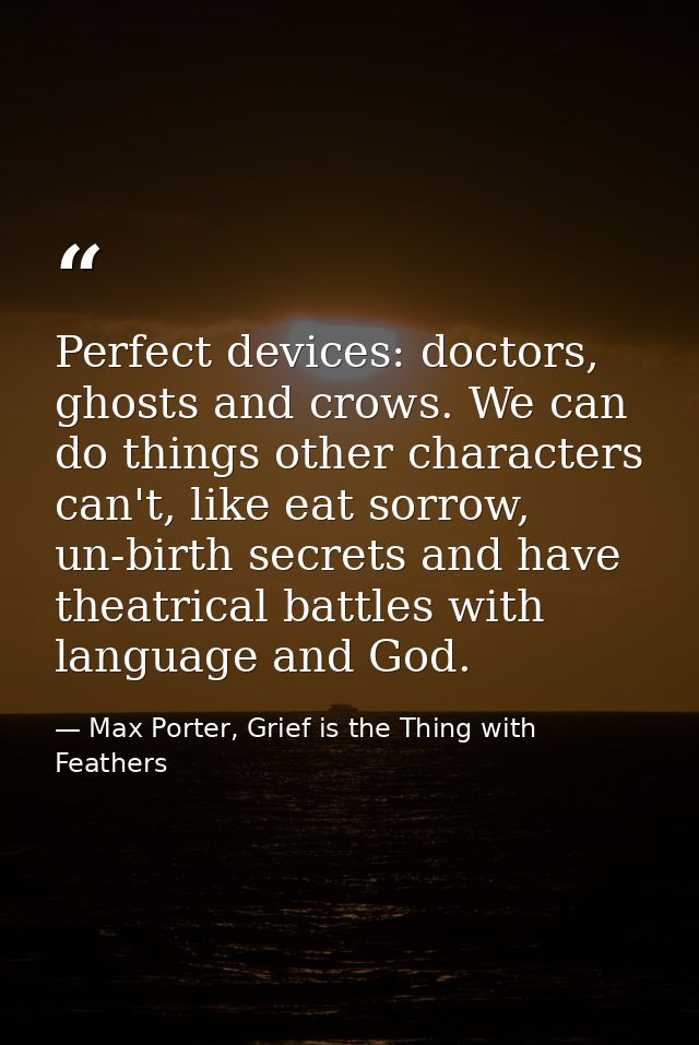 Perfect devices: doctors, ghosts and crows. We can do things other characters can't, like eat sorrow, un-birth secrets a — Max Porter, Grief is the Thing with Feathers