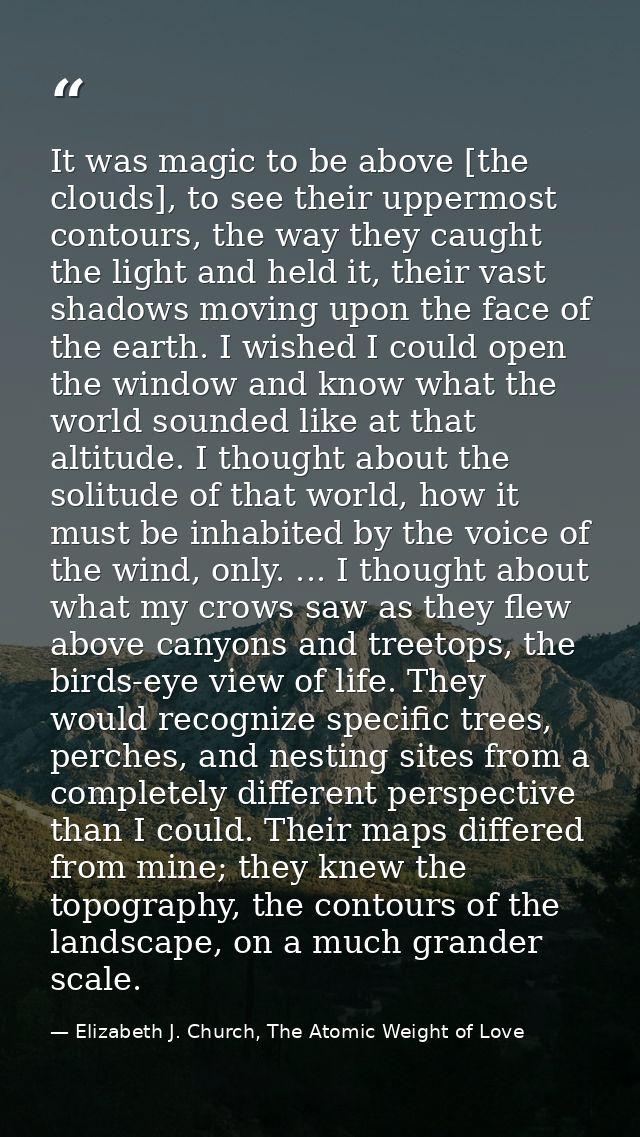 It was magic to be above [the clouds], to see their uppermost contours, the way they caught the light and held it, their — Elizabeth J. Church, The Atomic Weight of Love