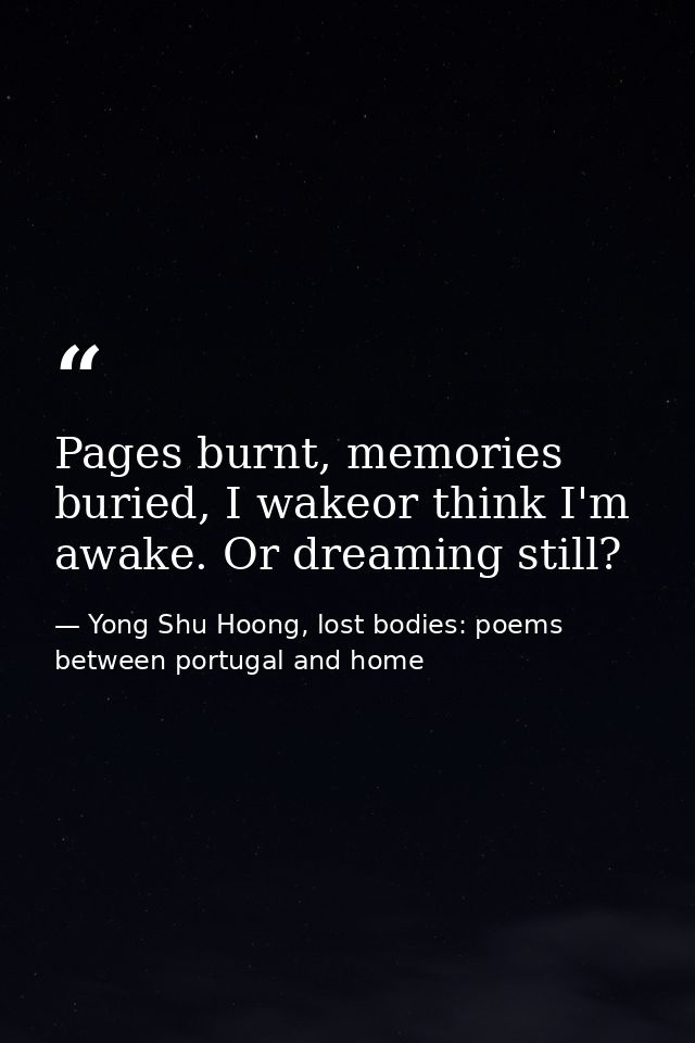 Pages burnt, memories buried, I wakeor think I'm awake. Or dreaming still? — Yong Shu Hoong, lost bodies: poems between portugal and home