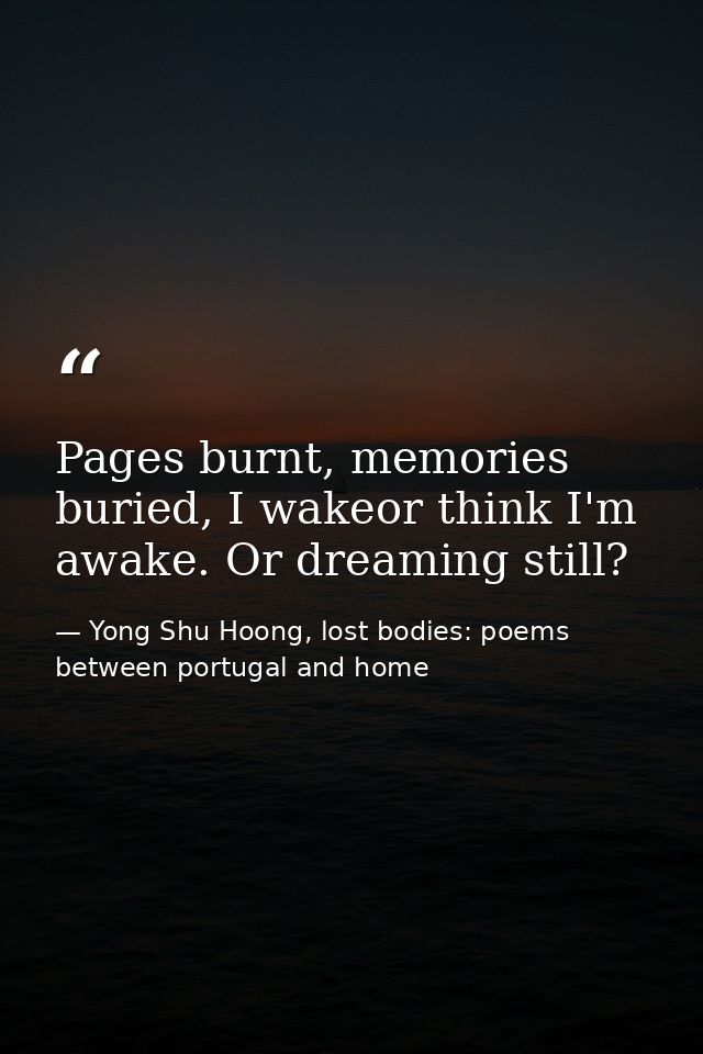 Pages burnt, memories buried, I wakeor think I'm awake. Or dreaming still? — Yong Shu Hoong, lost bodies: poems between portugal and home