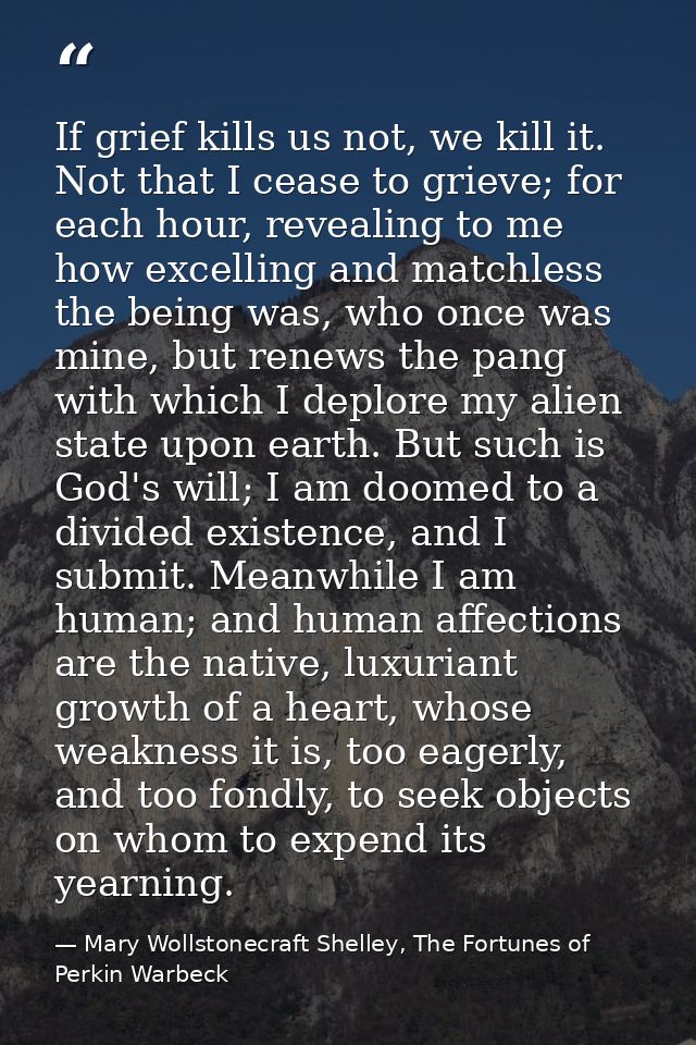 If grief kills us not, we kill it. Not that I cease to grieve; for each hour, revealing to me how excelling and matchles — Mary Wollstonecraft Shelley, The Fortunes of Perkin Warbeck