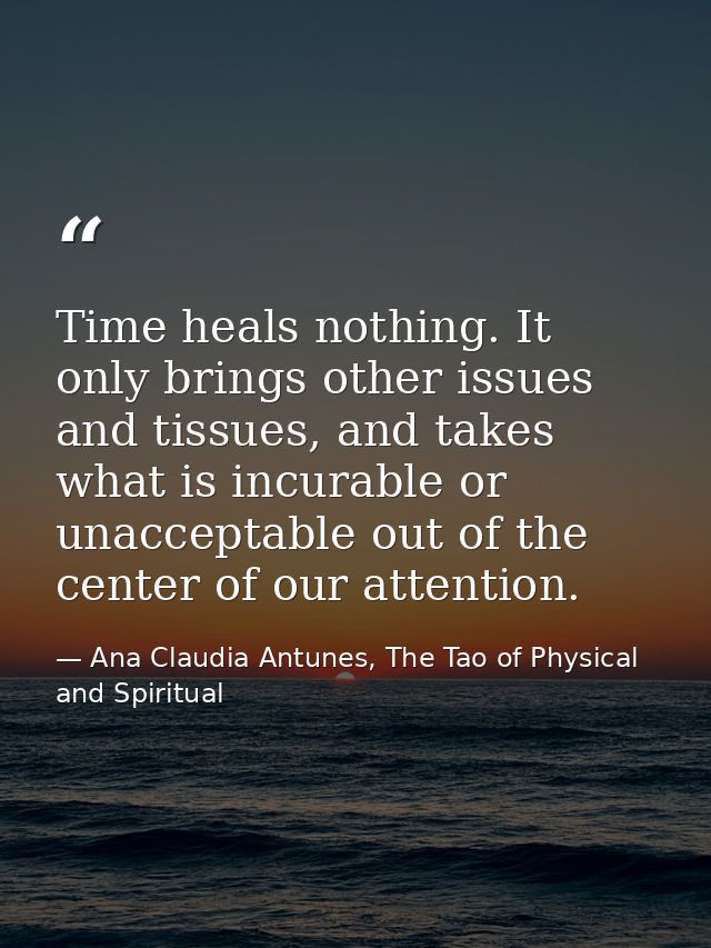 Time heals nothing. It only brings other issues and tissues, and takes what is incurable or unacceptable out of the cent — Ana Claudia Antunes, The Tao of Physical and Spiritual