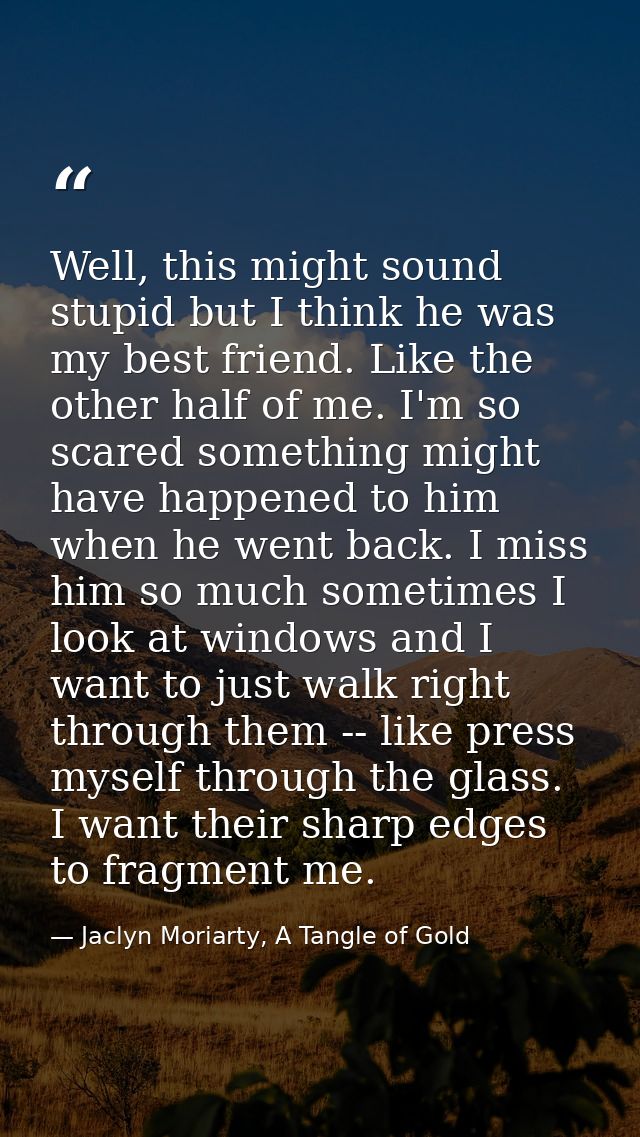 Well, this might sound stupid but I think he was my best friend. Like the other half of me. I'm so scared something migh — Jaclyn Moriarty, A Tangle of Gold