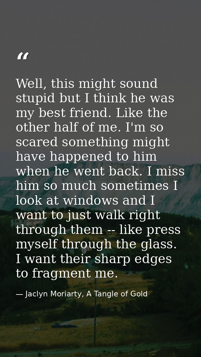 Well, this might sound stupid but I think he was my best friend. Like the other half of me. I'm so scared something migh — Jaclyn Moriarty, A Tangle of Gold