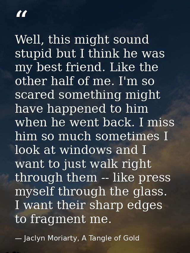 Well, this might sound stupid but I think he was my best friend. Like the other half of me. I'm so scared something migh — Jaclyn Moriarty, A Tangle of Gold