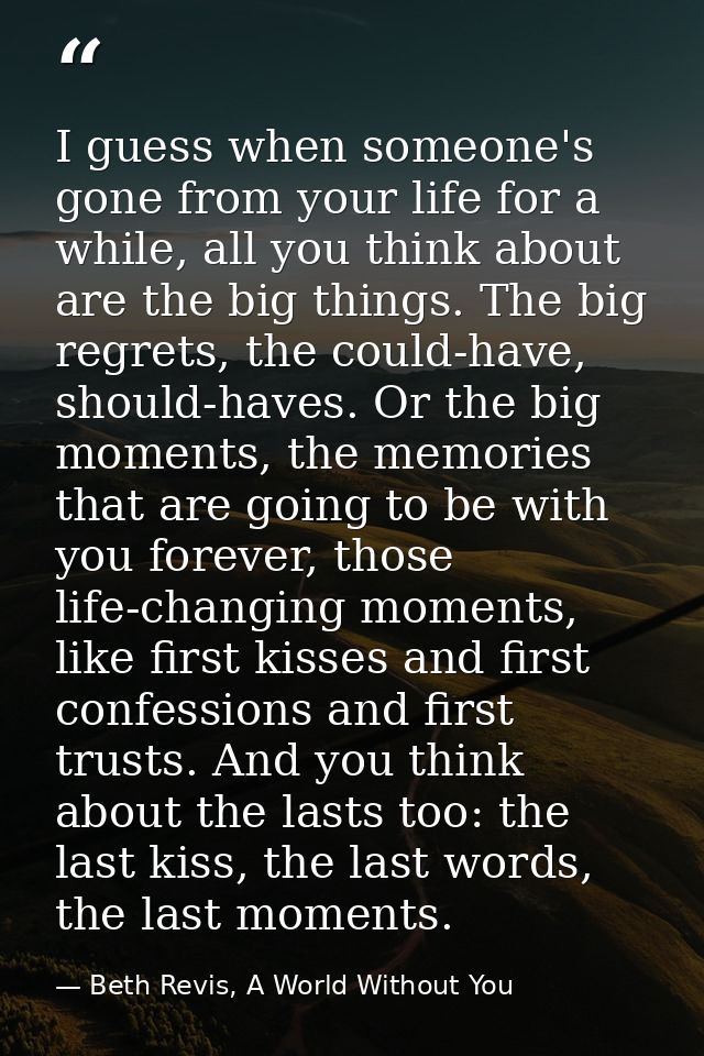 I guess when someone's gone from your life for a while, all you think about are the big things. The big regrets, the cou — Beth Revis, A World Without You