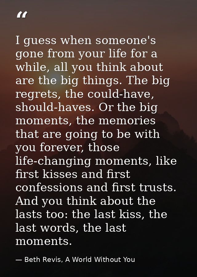 I guess when someone's gone from your life for a while, all you think about are the big things. The big regrets, the cou — Beth Revis, A World Without You