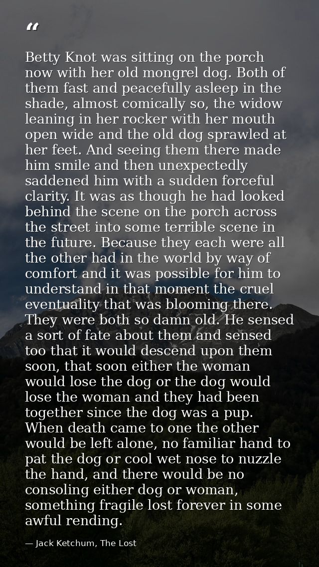 Betty Knot was sitting on the porch now with her old mongrel dog. Both of them fast and peacefully asleep in the shade,  — Jack Ketchum, The Lost
