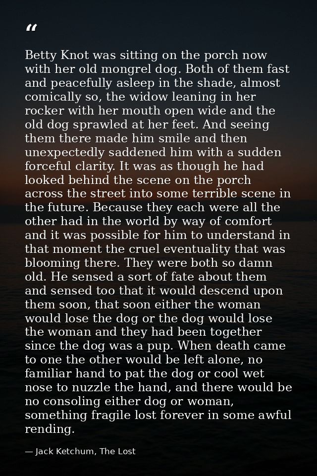 Betty Knot was sitting on the porch now with her old mongrel dog. Both of them fast and peacefully asleep in the shade,  — Jack Ketchum, The Lost
