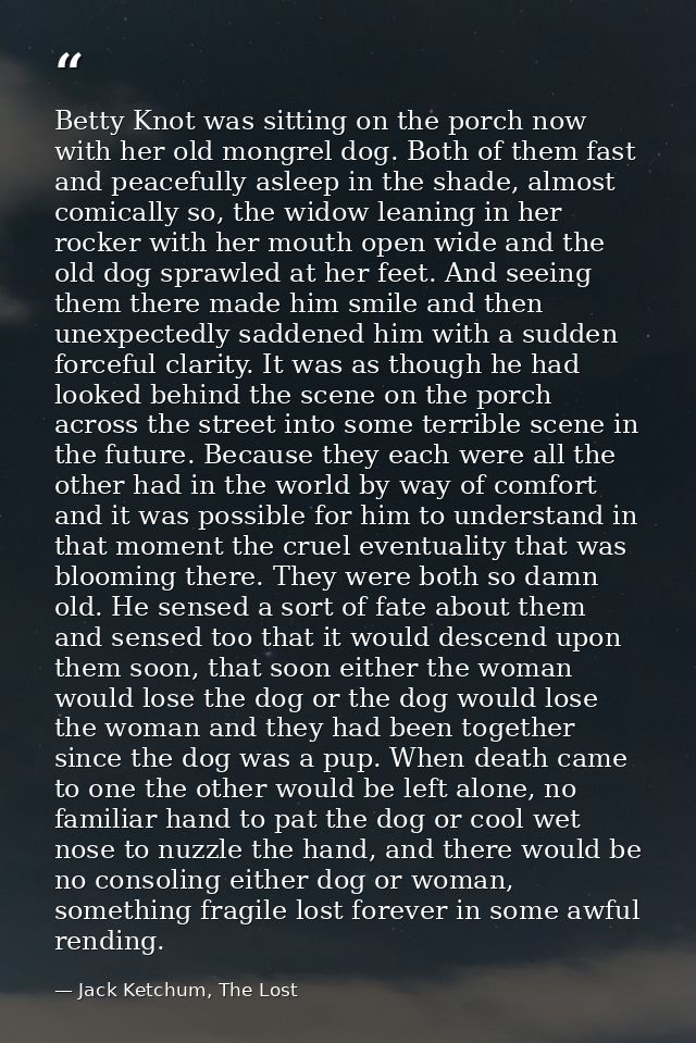 Betty Knot was sitting on the porch now with her old mongrel dog. Both of them fast and peacefully asleep in the shade,  — Jack Ketchum, The Lost