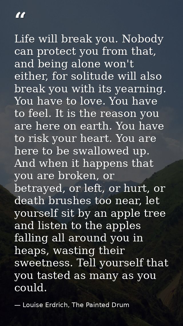 Life will break you. Nobody can protect you from that, and being alone won't either, for solitude will also break you wi — Louise Erdrich, The Painted Drum