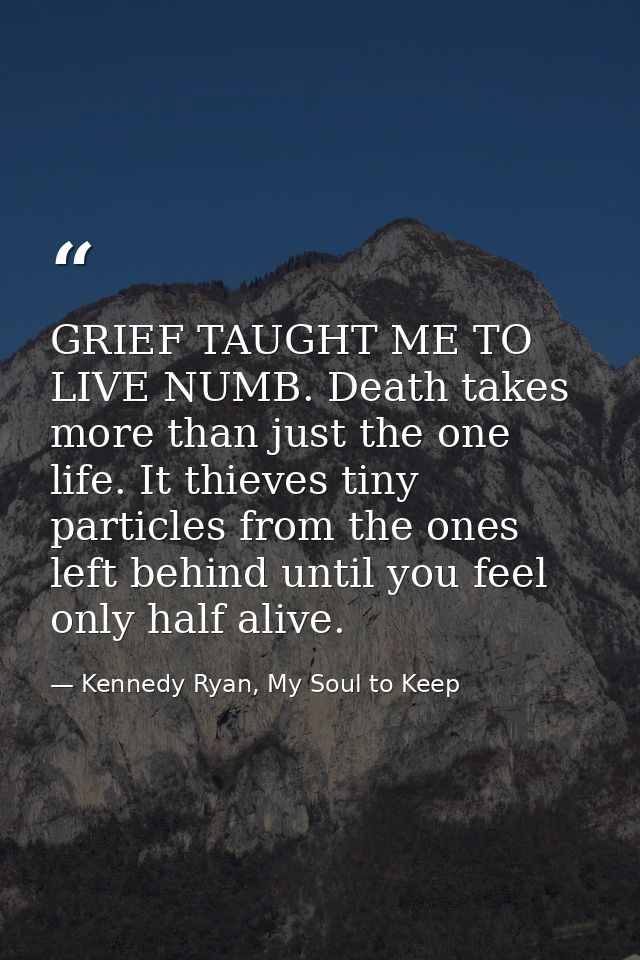 GRIEF TAUGHT ME TO LIVE NUMB. Death takes more than just the one life. It thieves tiny particles from the ones left behi — Kennedy Ryan, My Soul to Keep