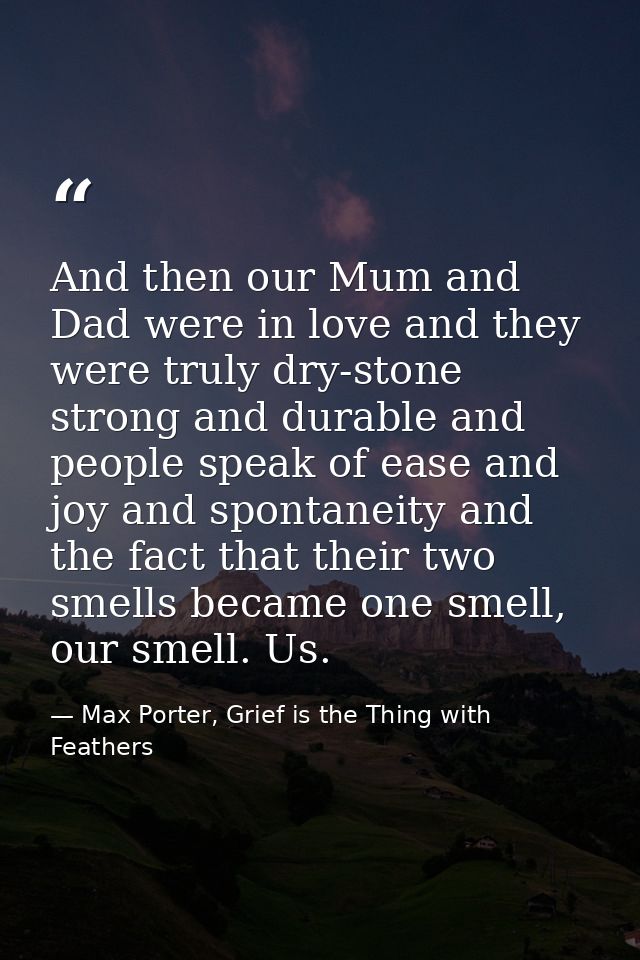 And then our Mum and Dad were in love and they were truly dry-stone strong and durable and people speak of ease and joy  — Max Porter, Grief is the Thing with Feathers