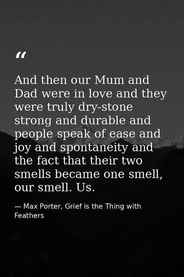 And then our Mum and Dad were in love and they were truly dry-stone strong and durable and people speak of ease and joy  — Max Porter, Grief is the Thing with Feathers