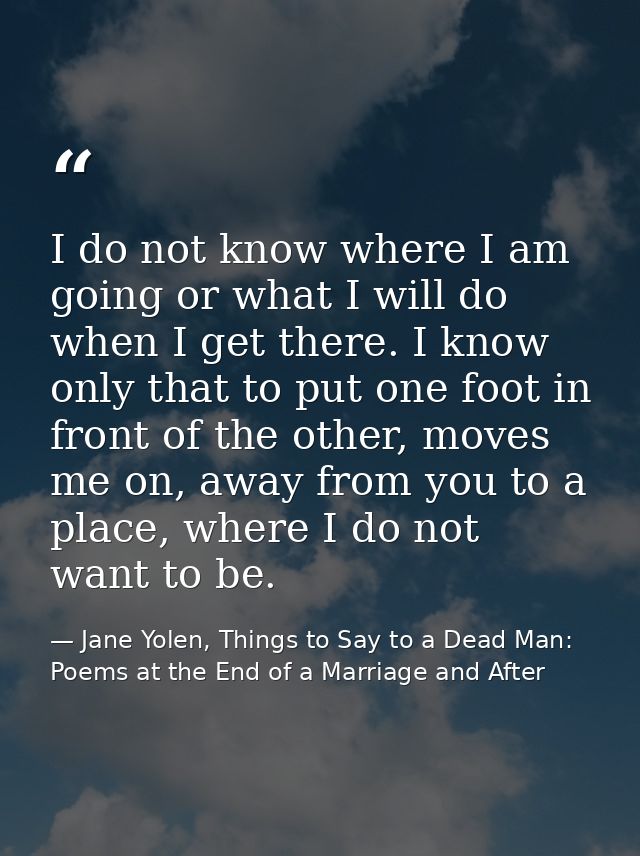 I do not know where I am going or what I will do when I get there. I know only that to put one foot in front of the othe — Jane Yolen, Things to Say to a Dead Man: Poems at the End of a Marriage and After