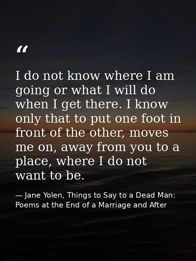 I do not know where I am going or what I will do when I get there. I know only that to put one foot in front of the othe — Jane Yolen, Things to Say to a Dead Man: Poems at the End of a Marriage and After