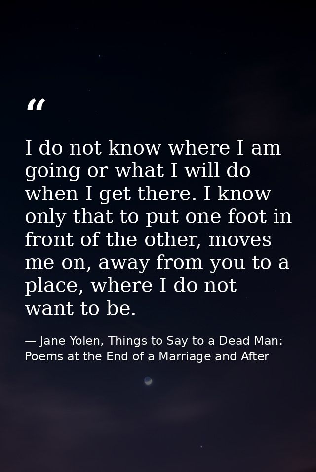 I do not know where I am going or what I will do when I get there. I know only that to put one foot in front of the othe — Jane Yolen, Things to Say to a Dead Man: Poems at the End of a Marriage and After