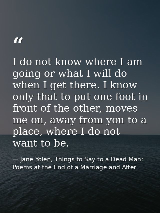 I do not know where I am going or what I will do when I get there. I know only that to put one foot in front of the othe — Jane Yolen, Things to Say to a Dead Man: Poems at the End of a Marriage and After
