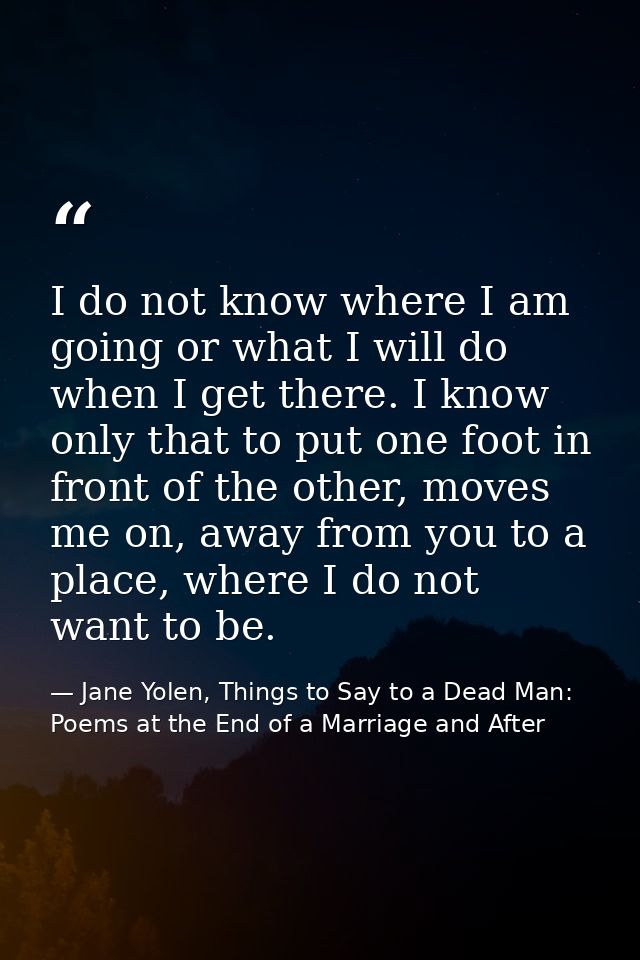 I do not know where I am going or what I will do when I get there. I know only that to put one foot in front of the othe — Jane Yolen, Things to Say to a Dead Man: Poems at the End of a Marriage and After