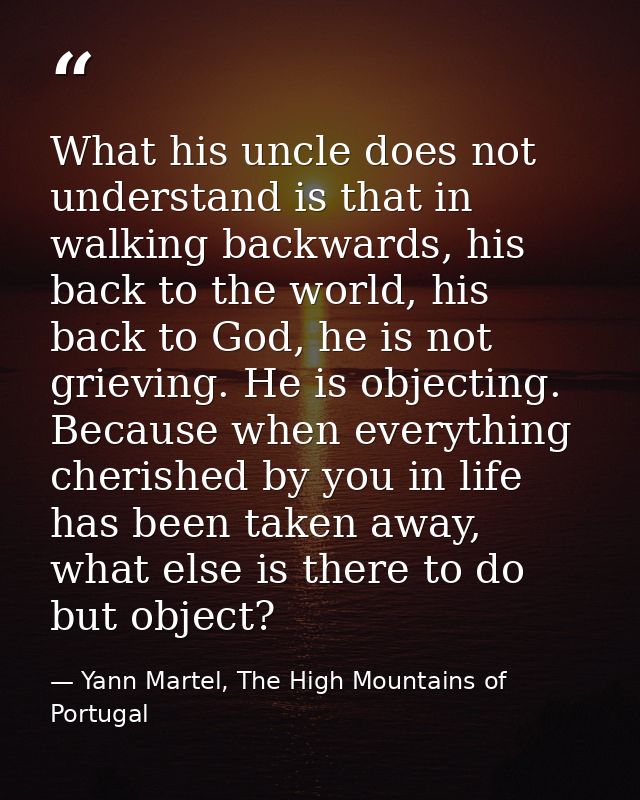 What his uncle does not understand is that in walking backwards, his back to the world, his back to God, he is not griev — Yann Martel, The High Mountains of Portugal