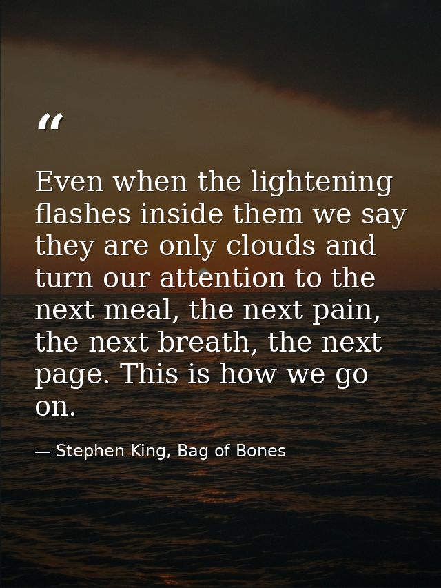 Even when the lightening flashes inside them we say they are only clouds and turn our attention to the next meal, the ne — Stephen King, Bag of Bones