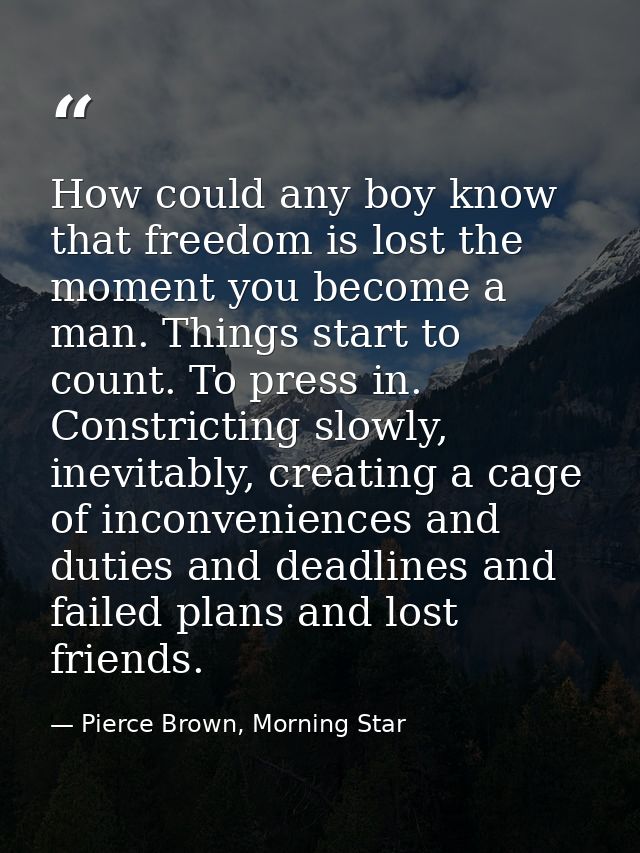 How could any boy know that freedom is lost the moment you become a man. Things start to count. To press in. Constrictin — Pierce Brown, Morning Star