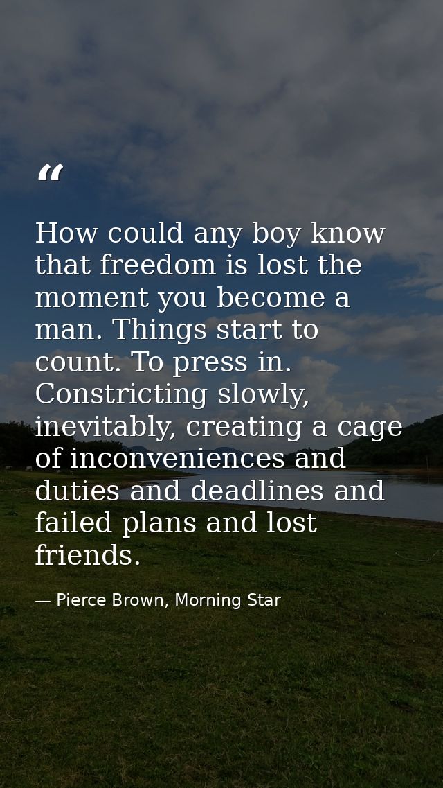 How could any boy know that freedom is lost the moment you become a man. Things start to count. To press in. Constrictin — Pierce Brown, Morning Star