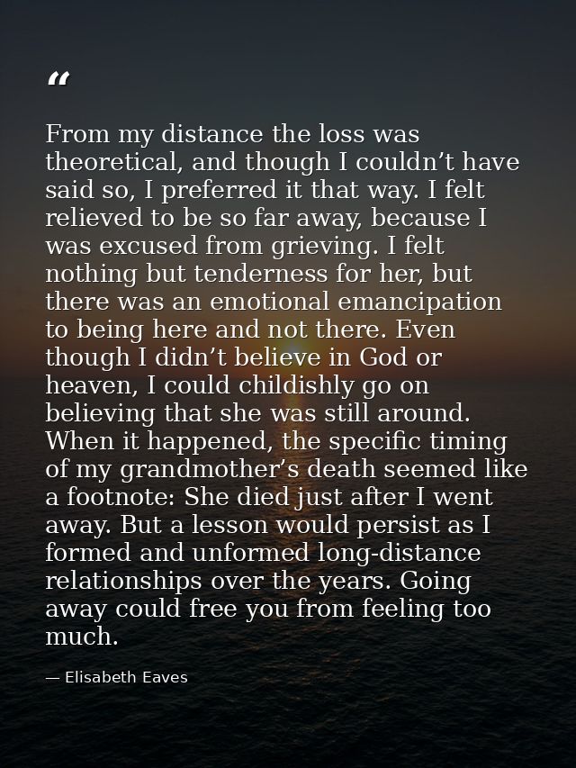 From my distance the loss was theoretical, and though I couldn’t have said so, I preferred it that way. I felt relieved  — Elisabeth Eaves